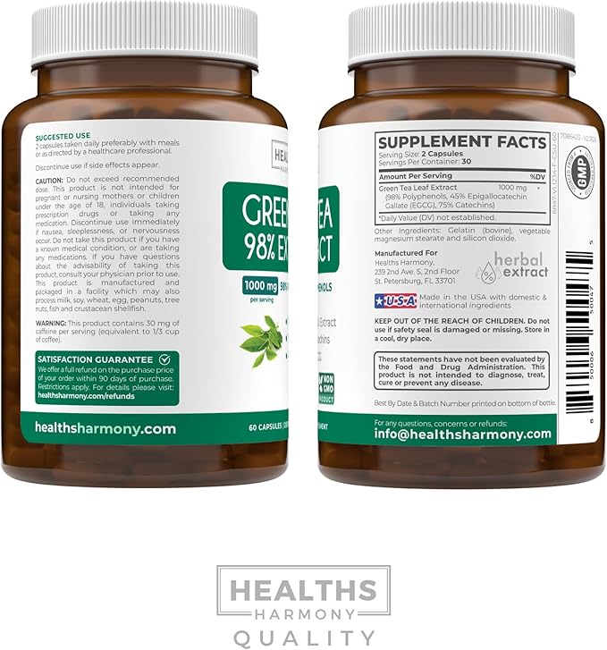 Green Tea Extract Capsules 98% with EGCG (Non-GMO) for Natural Metabolism Boost - Leaf Polyphenol Catechins - Antioxidant Supplement - Green Tea Pills - 1000mg (500mg per Capsule) - 60 Capsules