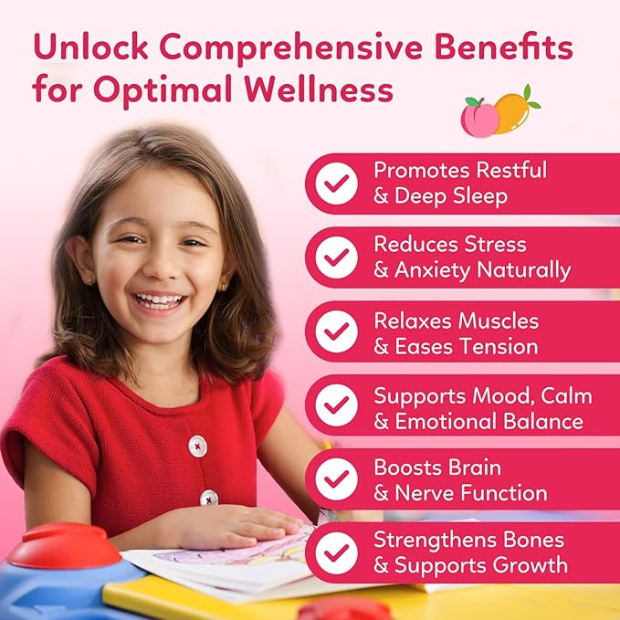 Magnesium Glycinate Gummies for Kids, Magnesium Supplement with L-Theanine, Ashwagandha, Vitamin D3 K2 for Sleep, Calm, Muscle, Relaxation, Cognitive - Sugar Free Peach & Mango Center-Filled Gummie