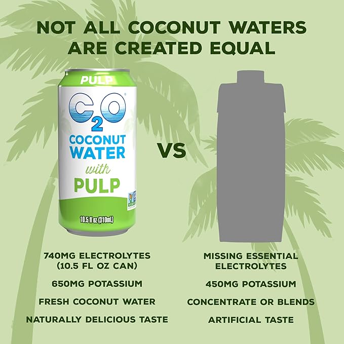 C2O - Coconut Water with Pulp (24 Pack, 3 Boxes of 8) - Made with Fresh Coconut Water - Plant Based, Non GMO Canned Water - Natural Hydration, Essential Electrolytes, & Potassium - 24 Cans, 10.5 FL OZ