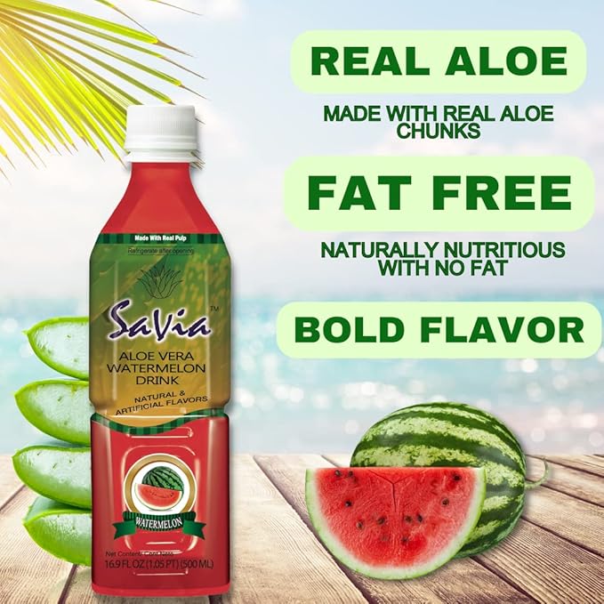 "Savia - Watermelon Aloe Vera Drink, Quality Aloe-Based Beverage, Made with Real Aloe Pulp & Natural, Delicious & Refreshing, Vegetarian, Gluten-Free, Fat-Free (16.9oz, 12-Pack)"