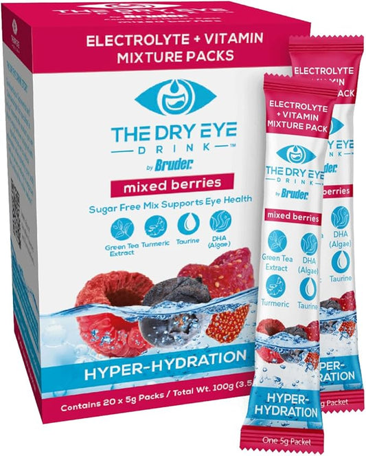 The Dry Eye Drink l Ultimate Hydration for Dry Eyes l Sugar-Free Electrolyte Powder Packets l Blended with Vitamins, Green Tea, Turmeric, Taurine, and DHA l 5g x 20 Packets (Mixed Berry)