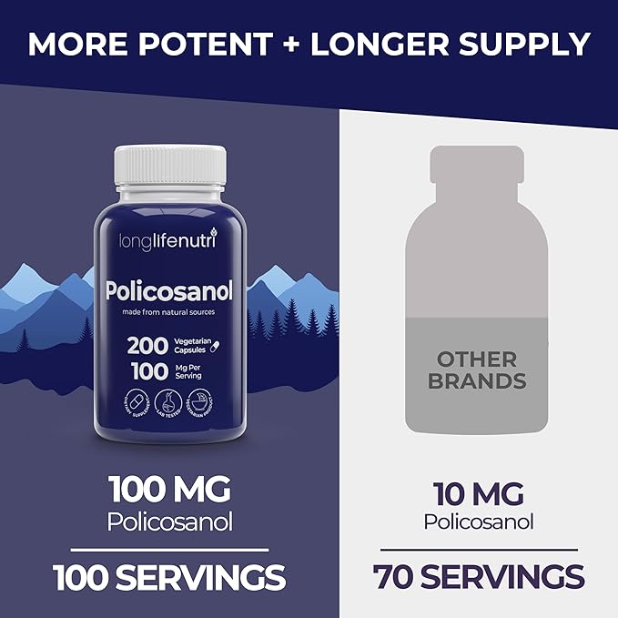 Policosanol 100mg - 200 Vegetarian Capsules, Natural Sugar Cane Supplement for Balanced Cholesterol, 3-Month Supply, Non-GMO, Lab Tested, Made in USA