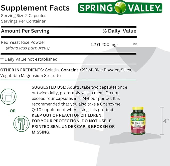 Spring Valley Red Rice Yeast 600mg, Red Yeast Rice Powder (Monascus purpureus), Dietary Supplement, Cholesterol, Gluten Free, Capsules for Adults 120 Count (Pack of 1)