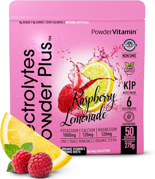 Electrolytes Powder Plus (50 Servings) Raspberry Lemonade Electrolyte Powder Zero Calorie Keto, 0 Sugar, No Maltodextrin,1000mg Potassium,120mg Calcium,120mg Magnesium, Hydration Powder