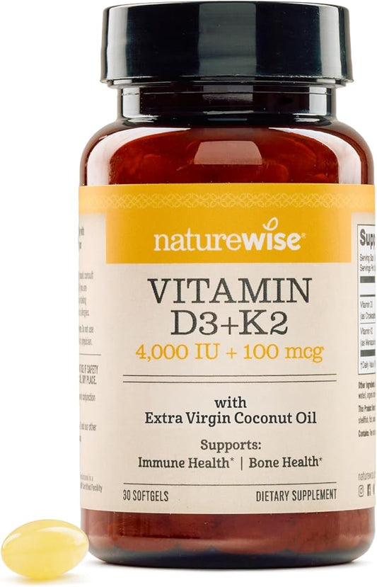 NatureWise Vitamin D3 4000IU + K2 (MK7) 100mcg with Organic Extra Virgin Coconut Oil - Supports Calcium Absorption, Bone & Immune Health - Non-GMO, Soy & Gluten-Free - 30 Softgels[1-Month Supply]
