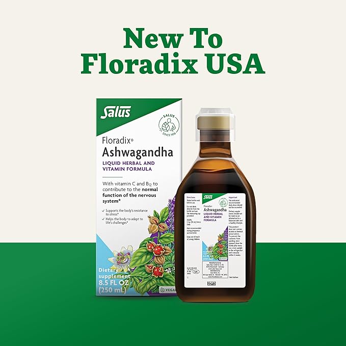 Floradix Ashwagandha Liquid Herbal & Vitamin Formula - Herbal Supplement with Ashwagandha Extract, Vitamin C, Vitamin B12 & More - Stress Support Formula* - Vegan & Non-GMO - 8.5 fl oz