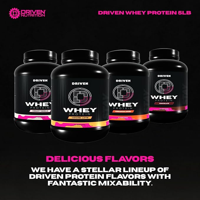 Driven WHEY- Whey Protein Powder: Delicious, Clean Protein Shake- Improve Muscle Recovery with 23 Grams of Protein with Added BCAA and Digestive Enzymes (5lb, Caramel Latte)