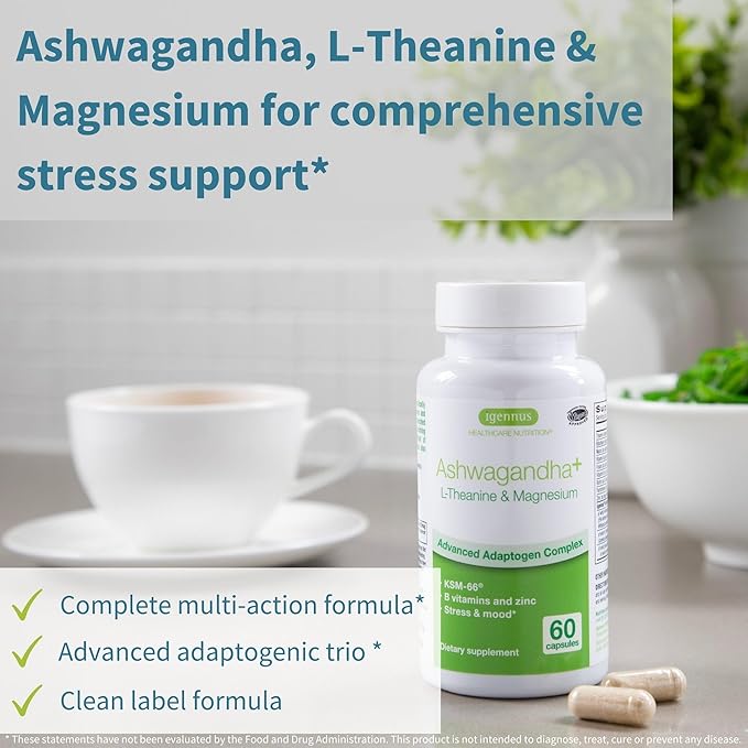 Igennus High Strength Ashwagandha Stress Relief Complex, L-Theanine & Magnesium & KSM-66 Root Extract Adaptogens, Methylated B Vitamins, Calm & Sleep Support, Clean Label, 360 Vegan Capsules