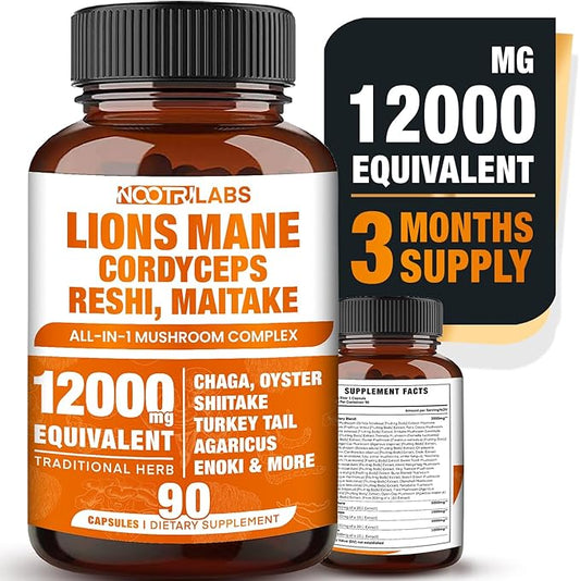 Mushroom Complex 12000mg Capsules - Lions Mane, Cordyceps, Reshi, Maitake - Nootropics Brain, Boosts Memory, Energy, Cognitive Function & Improves Focus, Immune System, Antioxidant - 90 Vegan Capsules
