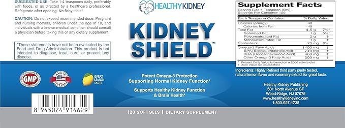 Kidney Shield 2-Pack Kidney Support Supplement Fish Oil Omega-3 Fatty Acid Renal Pills