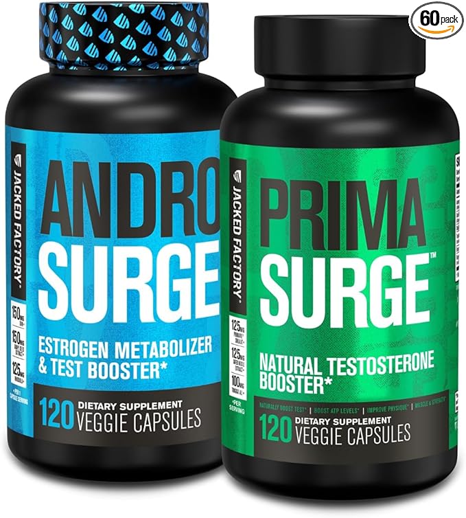 Jacked Factory Testosterone Booster for Men | Estrogen Blocker with Tongkat Ali - Androsurge Anti-Estrogen + Primasurge Natural Test Booster - for Muscle Growth, Vitality, Energy, 60 Day Supply
