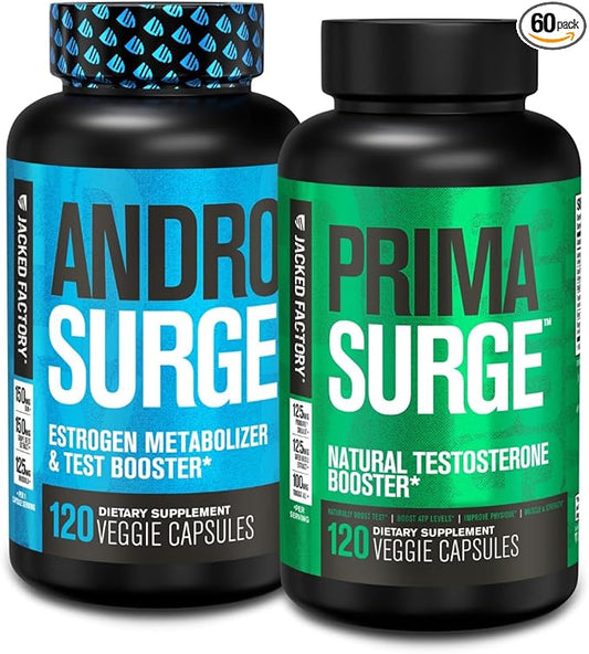 Jacked Factory Testosterone Booster for Men | Estrogen Blocker with Tongkat Ali - Androsurge Anti-Estrogen + Primasurge Natural Test Booster - for Muscle Growth, Vitality, Energy, 60 Day Supply
