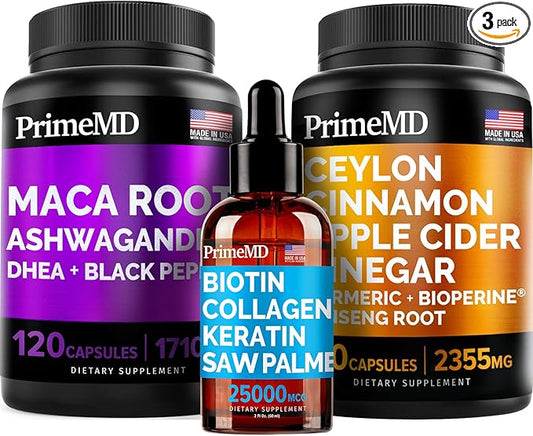 5-in-1 Ceylon Cinnamon (120ct), 4-in-1 Biotin Collagen Keratin Saw Palmetto (2 fl oz - 1 Pack) & 6-in-1 Maca Root Ashwagandha (120ct) Bundle - Energy, Mood, Hair, Skin & Immune Support Supplement
