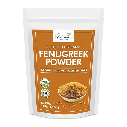 hennaco Organic Fenugreek Powder Powder | USDA Organic | GMP Certified | Pure & Natural Fenugreek Powder for Culinary, Skin and Hair | No Preservatives| Chemical Free | 114 Grams (4 OZ)