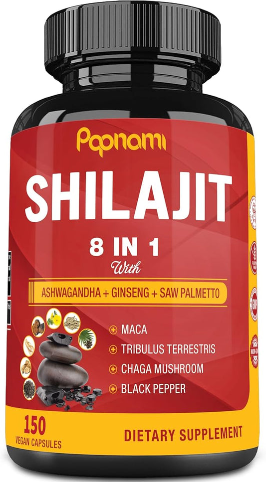 Shilajit Himalayan Supplement for Men & Women - 150 Capsules Combined Ashwagandha, Ginseng, Saw Palmetto, Maca, Tribulus, Chaga & Black Pepper - Vitality Energy and Immune Supports
