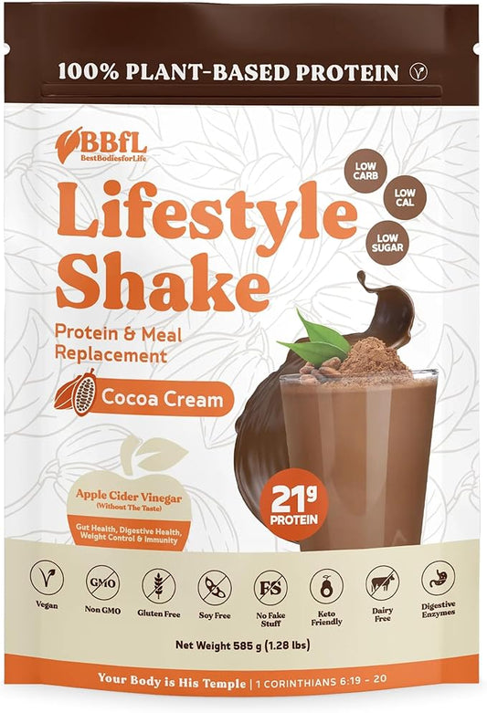 Meal Replacement Shakes, 21g Protein, Vegan Plant Based Protein Powder, Apple Cider Vinegar, ﻿Digestive Enzymes, All in One Shake for Women & Men (15 Servings, Cocoa Cream)