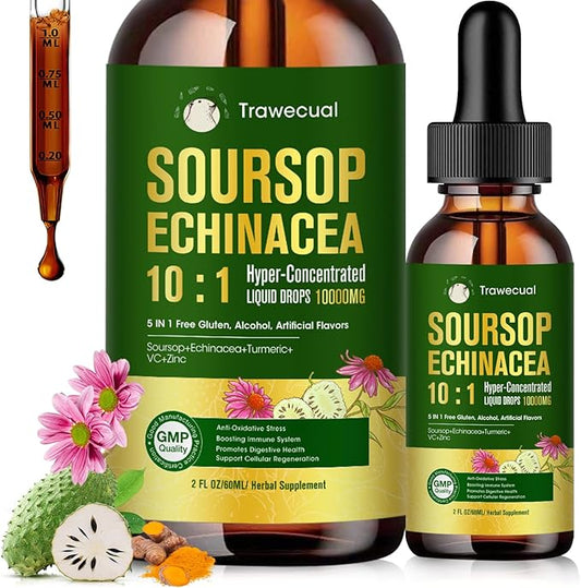 Soursop Graviola Liquid Drops – 5 in 1 with Echinacea, Turmeric, VC, Zinc, 10:1 Concentrate Soursop Bitters for Immune Support, Cellular Health and Antioxidant Support