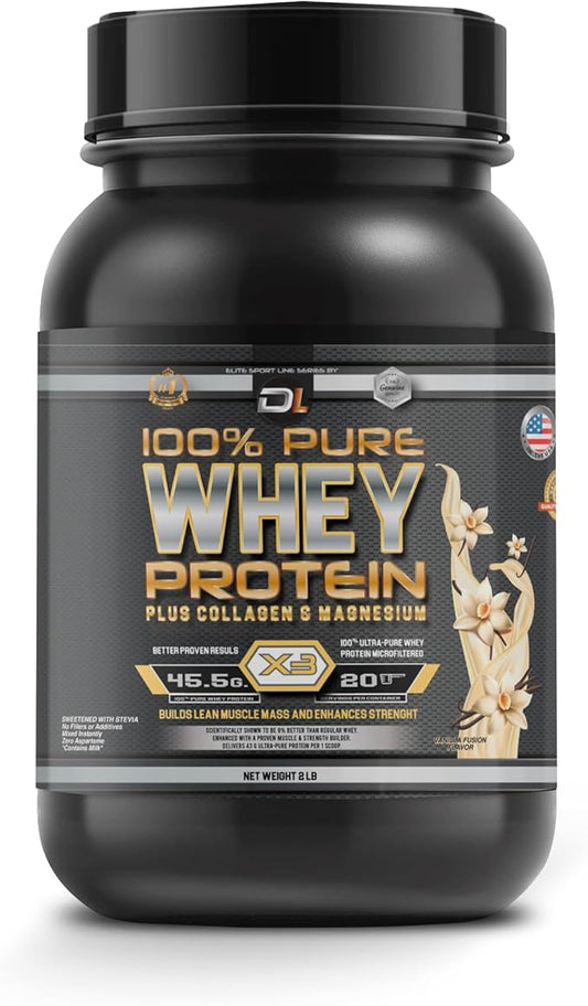 DL 100% Pure Whey Protein Powder + Collagen & Magnesium | 43g Protein – 8.7g BCAA – 0g Fat | Muscle Gain, Recovery & Nutrient Delivery | Immune Support | Quick & Easy Mixing Protein Powder | 2 lb