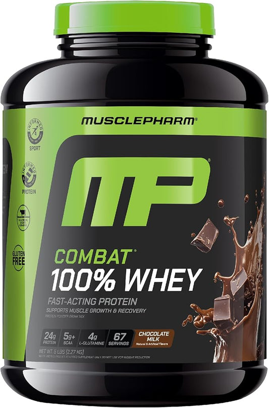 MusclePharm Combat 100% Whey Protein Powder, Chocolate Milk, Fast Recovery & Muscle Gain with Whey Protein Isolate, High Protein Powder for Women & Men, Gluten Free, 5 Lb, 70 Servings