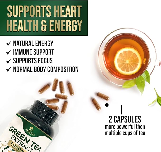 Green Tea Extract Supplement Pills 1000mg - 98% Standardized EGCG with Polyphenols - 3X Strength for Natural Energy - Supports Heart and Antioxidant Health - Nature's Gentle Caffeine - 240 Capsules