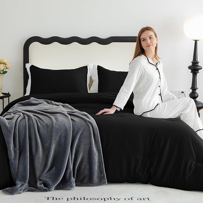 CozyLux King Size Comforter Set Black, 3 Pieces Solid comforter king size Breathable Quilted Style Bedding Sets, Luxury Soft Microfiber Down Alternative Comforter Bed Set (1 Comforter & 2 Pillowcases)