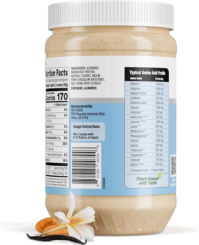 PB2 Performance Almond Plant Based Vegan Protein Powder | 20g Complete Protein, No Added Sugar, Prebiotic Fiber | Dairy Free, Certified Vegan, Non-GMO, Gluten Free [Almond w/Madagascar Vanilla, 1LB]