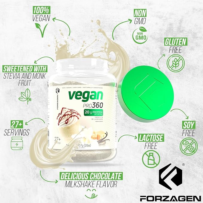 Forzagen Vegan Protein 360 2 Lbs 27 Servings, Plant Based Protein Extracted from Quinoa, Brown Rice and Pea Isolate Protein, Dairy, Soy and Gluten Free, Nom GMO (Vanilla Milkshake)