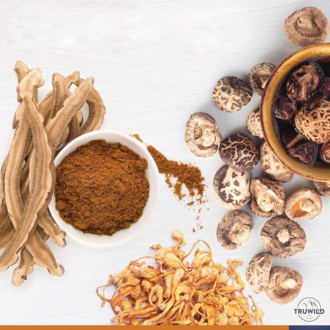 TruWild Adaptogen Blend with Cordyceps Maca Ashwagandha - Full Spectrum Mushroom Blend for Daily Support and Function, All Natural Formula with 7 Key Ingredients, 60 Capsules