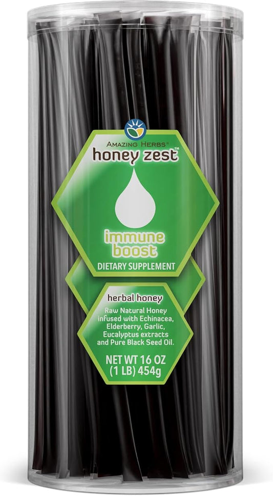 Amazing Herbs Raw Natural Honey - Herbal Honey Infused with Echinacea, Elderberry, Garlic, Eucalyptus Extracts & Pure Black Seed Oil, Non GMO, Gluten Free - Honeyzest Immune Boost Straws, 100 Count