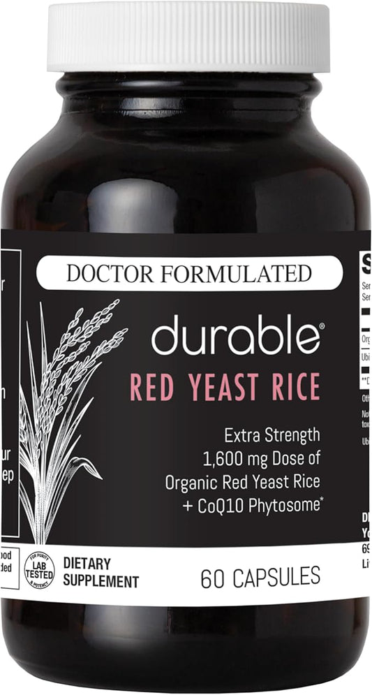 Durable Red Yeast Rice - Enhanced with CoQ10, Extra Strength Management, Heart Health, Healthy Blood Flow - 1600mg Organic Red Yeast Rice + 50 mg KanekaQ10 CoQ10 - (60 Count (Pack of 1))