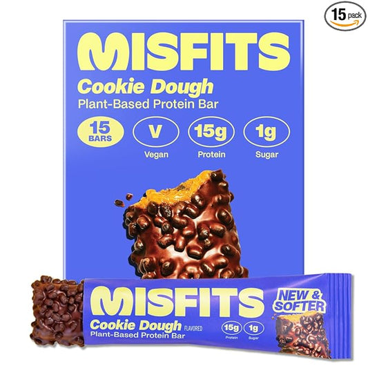 Misfits Vegan Protein Bars, Cookie Dough - Updated Recipe | Plant Based, Low Sugar & Carb, High Fiber Snacks | Pack of 15
