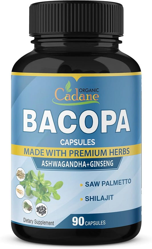 Organic Cadane Bacopa Monnieri Supplement - Blended with Ashwgandha, Ginseng, Saw Palmetto, Shilajit - 90 Capsules for 3 Month Supply