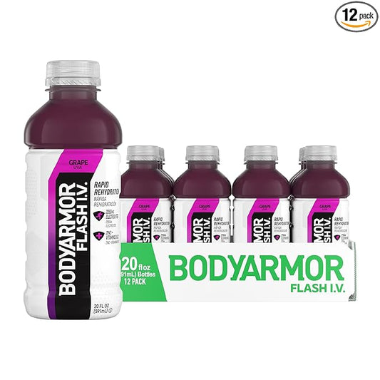 BODYARMOR Flash I.V. Electrolyte Beverage, Grape, Hydration Drink with Coconut Water For Rapid Rehydration, Post Workout Recovery, 20 Fl Oz (Pack of 12)