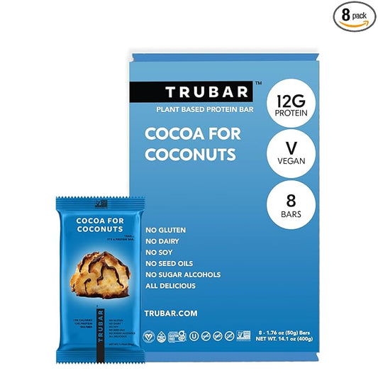 TRUBAR Vegan Protein Bar, Cocoa For Coconuts, Gluten Free, Plant Based Protein, Dairy Free, Non GMO, Soy Free, No Sugar Alcohols, 12G Protein, 12G Fiber, 23G Carb, On the Go Snack Bars, 8ct