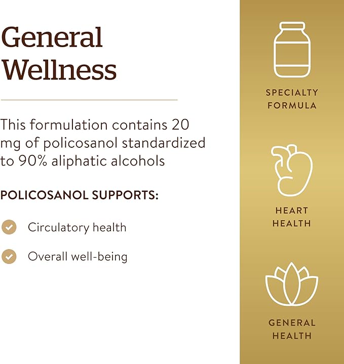 Solgar Policosanol 20 mg, 100 Vegetable Capsules - Supports Heart Health - General Wellness - Vegan, Gluten Free, Dairy Free, Kosher - 100 Servings