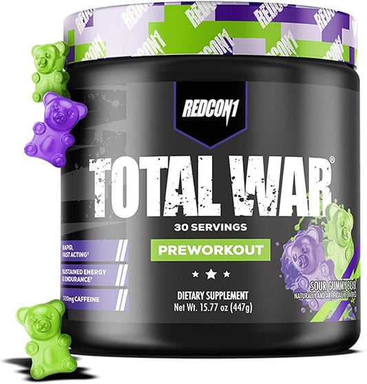 REDCON1 Total War Preworkout - Contains 320mg of Caffeine from Green Tea, Juniper & Beta Alanine - Pre Work Out with Amino Acids to Increase Pump, Energy + Endurance (Sour Gummy Bear, 30 Servings)
