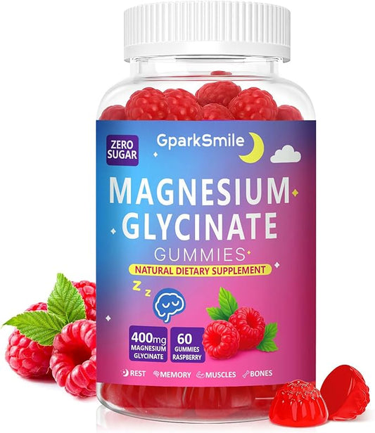 Magnesium Glycinate Gummies 400mg - Sugar Free Vegan Gummies for Adults & Kids with Vitamin D3, B6, C, CoQ10, Collagen, Zinc - Sleep, Muscle, Bone & Memory Support - 60 Raspberry Chewables