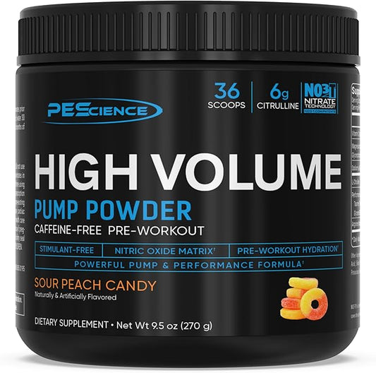 PEScience High Volume Stim-Free Pre Workout, Nitric Oxide Booster with L Citrulline & L Arginine Nitrate, Non-Stim Preworkout for Men and Women, 36 Scoops, Sour Peach Candy