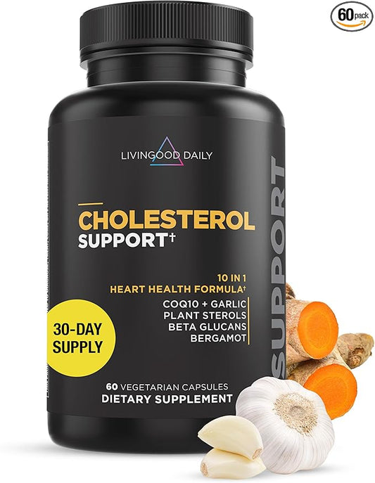 Livingood Daily Cholesterol Support Supplement with Garlic, CoQ10, Vitamin E, Bergamot, Plant Sterols for Body and Heart Health Support, Supports LDL and Triglycerides, Gluten Free, Vegan, 60 Capsules