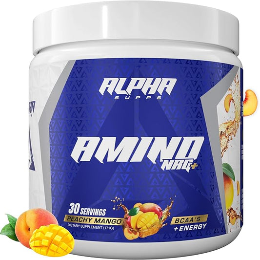 Amino NRG+ BCAA Amino & Energy Recovery Powder - Hydration Blend with Electrolytes - Focus Blend for Optimal Performance Support in Men & Women (30 Servings, Peachy Mango)