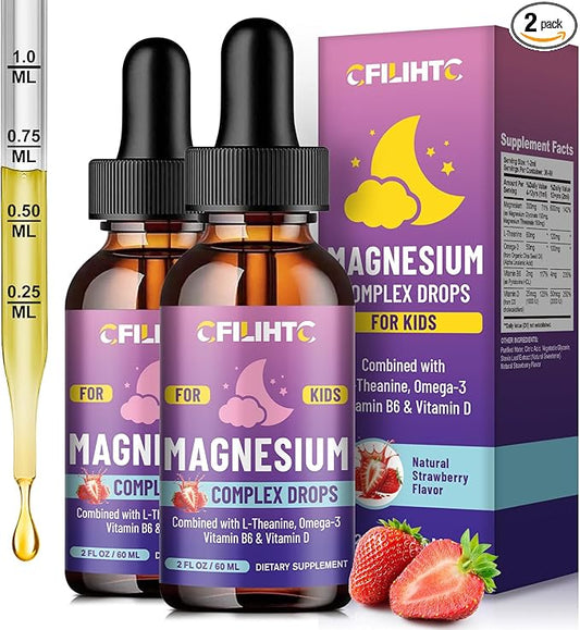 Kids Magnesium Liquid Drops-Magnesium Glycinate Liquid for Kids Supplement-w/L-theanine, Omega-3, Vitamin B6, D3 - for Sleep, Relaxation, Brain, Bones - 4 Fl Oz Children's Calm