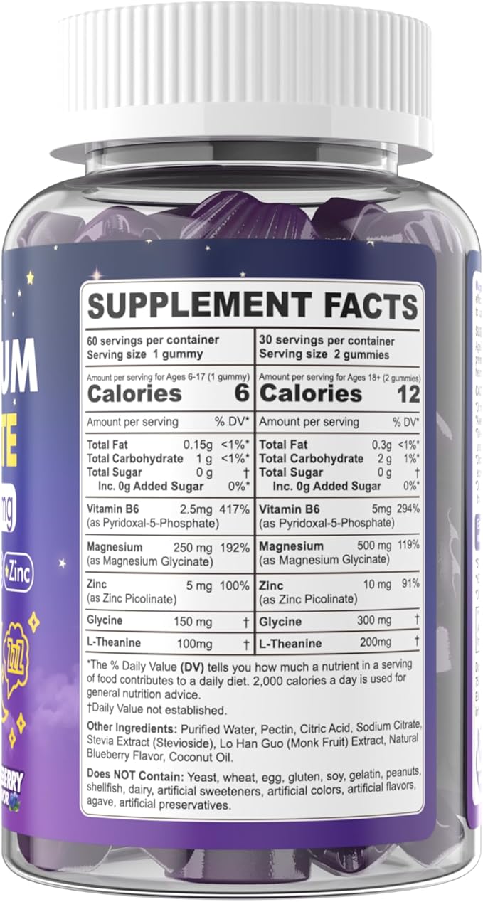 Magnesium Glycinate Gummies 500mg for Adults Kids Teens(Made in USA), Sugar Free Magnesium Calm Sleep Aid Gummies with L-Theanine, B6, Zinc, Glycine for Sleep, Calm, Relax Brain, No Melatonin, 2 Pack