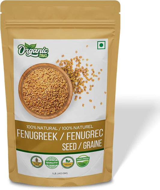 Organic Zing Fenugreek Seeds Also Known As Methi Seeds and Trigonella Foenum-Graecum Vegan | Preservative Free | Product of India - 453g Resealable Pack of 1