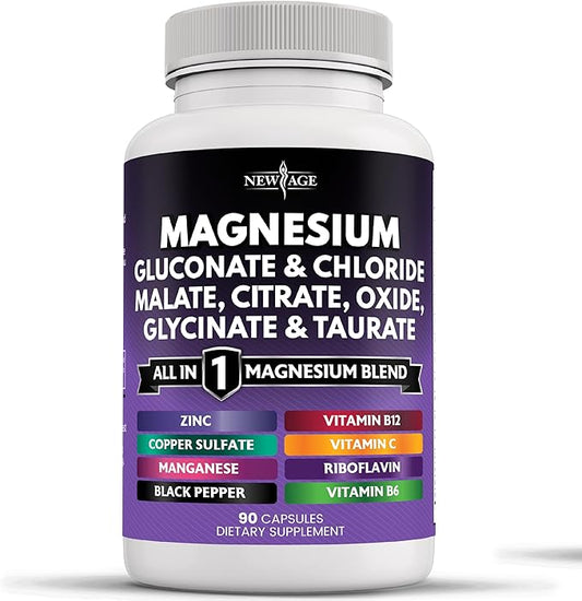 NEW AGE Magnesium Supplement -Powerful Glycinate Citrate Malate Oxide Taurate Aspartate Gluconate Orotate & Mag Chloride Manganese Bone Health and Bone Strength, Joint Support - 90 Count