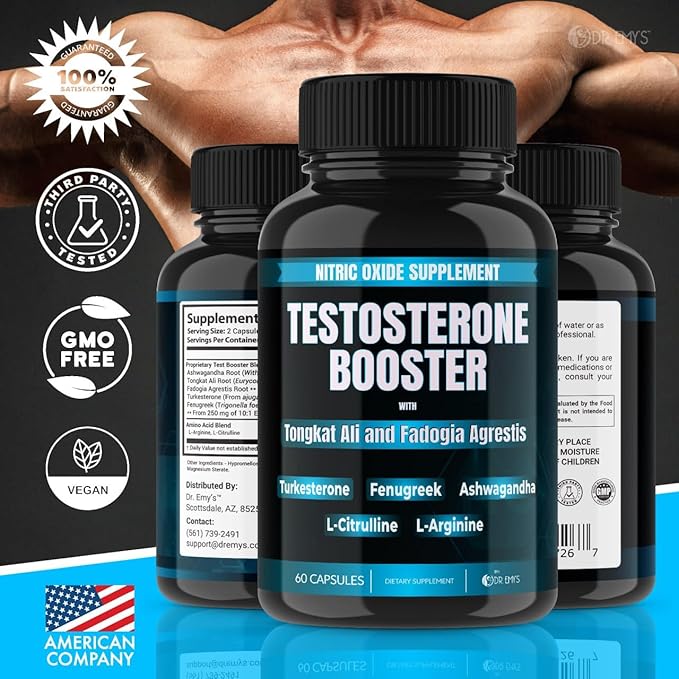 Dr. Emy's (1 Pack Testosterone Booster-Tongkat Ali Fadogia Agrestis Nitric Oxide Ashwagandha Supplement for Men with L Arginine Citrulline Fenugreek - Turkesterone Pre Workout Pump (60 Capsules)