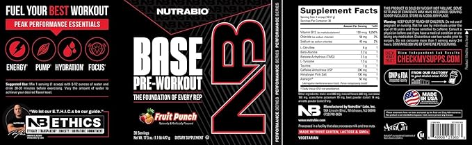 NutraBio Base Pre-Workout Powder 200mg Caffiene, Sustained Energy, Focus, Endurance, Pump, Sugar Free, Clean Preworkout for Men and Women - Beta Alanine, L-Tyrosine, 30 Servings - Fruit Punch