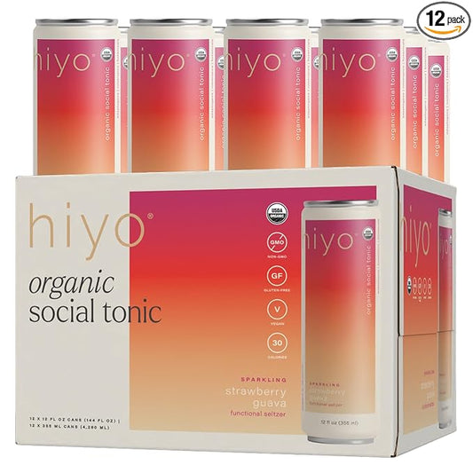 Hiyo Organic Social Tonic - Strawberry Guava, 12 Pack - N.A. Functional Seltzer, Sparkling Water Crafted with Organic Adaptogens, Nootropics & Botanicals