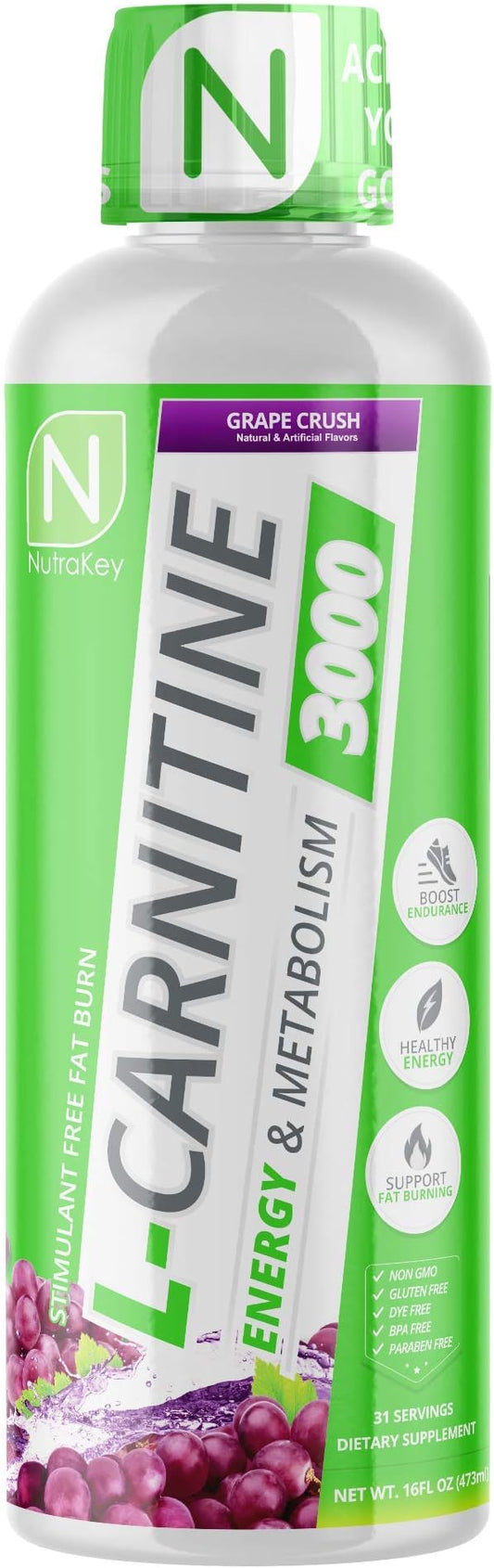 NutraKey L-Carnitine 3000mg, No Sugar, Gluten Free, Turn Into Fuel, (Grape Crush) 31 Servings
