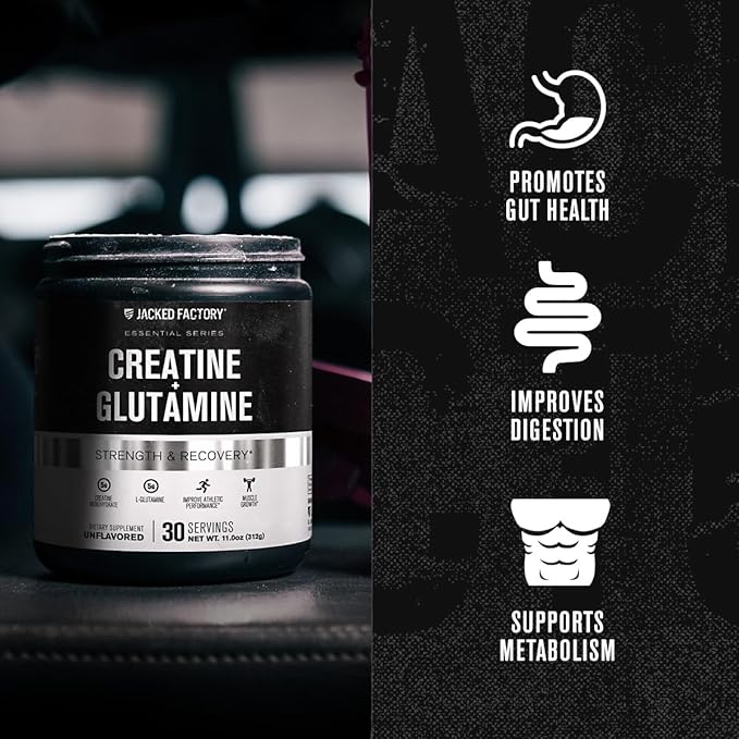 Jacked Factory Creatine + Glutamine - Creatine Supplement with L-Glutamine for Muscle Recovery, Muscle Growth, Increased Strength, Enhanced Energy Output, and Gut Health - 30 Servings, Unflavored