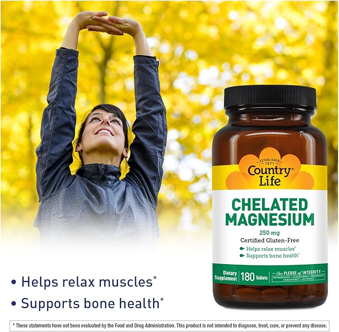 Country Life Chelated Magnesium 250mg - Supports Heart, Bone & Muscle Health, Vegan-Friendly Magnesium Supplement with Magnesium Oxide and Amino Acid Chelate, Gluten-Free